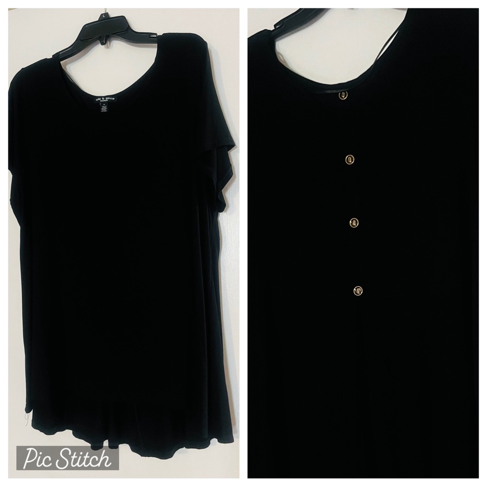 Tunic length black shirt with gold buttons down back